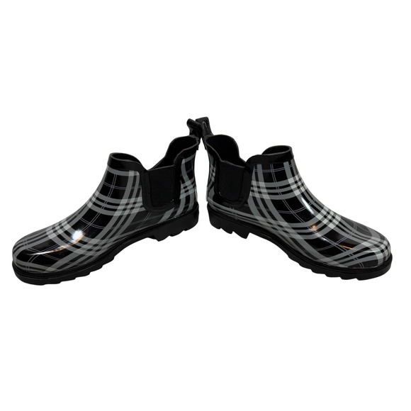 Womens Plaid Chelsea Ankle Rain Boots Black White Gray Size 7 Pull On - Picture 3 of 5